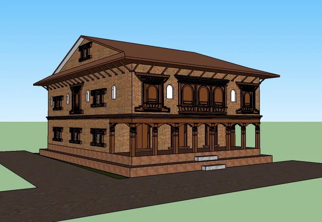 Architect’s rendering of the new community centre at Etay: a two-storey brick building with a wide tiled roof, carved wooden windows and an arcaded ground floor